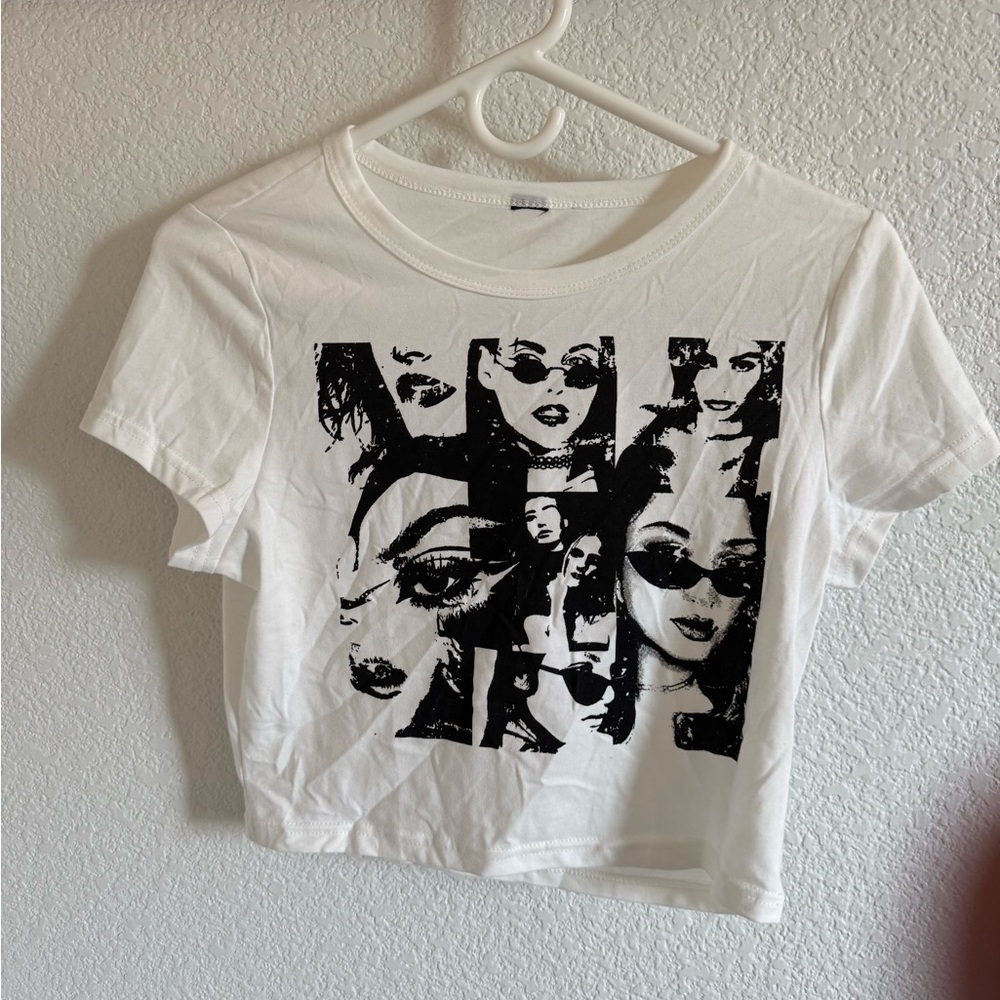 White Graphic Crop Tee with Black Faces Print